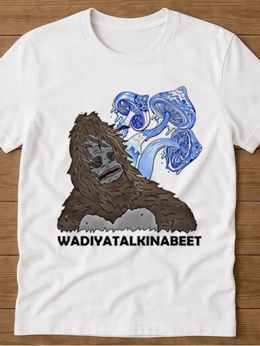 Gildan White Tee with Brown Sasquatch & Blue Mushroom Graphic